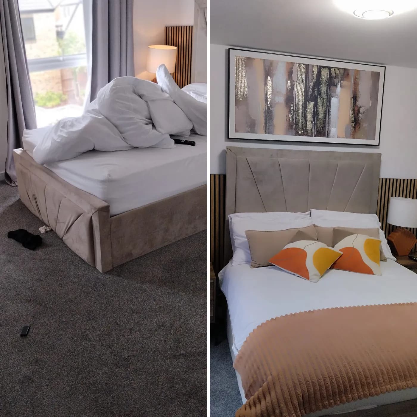 Before and after cleaning an Airbnb bedroom, bed stripped and remade, carpet vacuumed, room reset