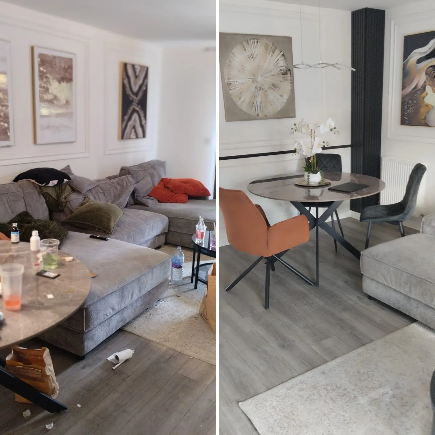 Before and after cleaning an Airbnb living and dining room, rubbish cleared and room reset