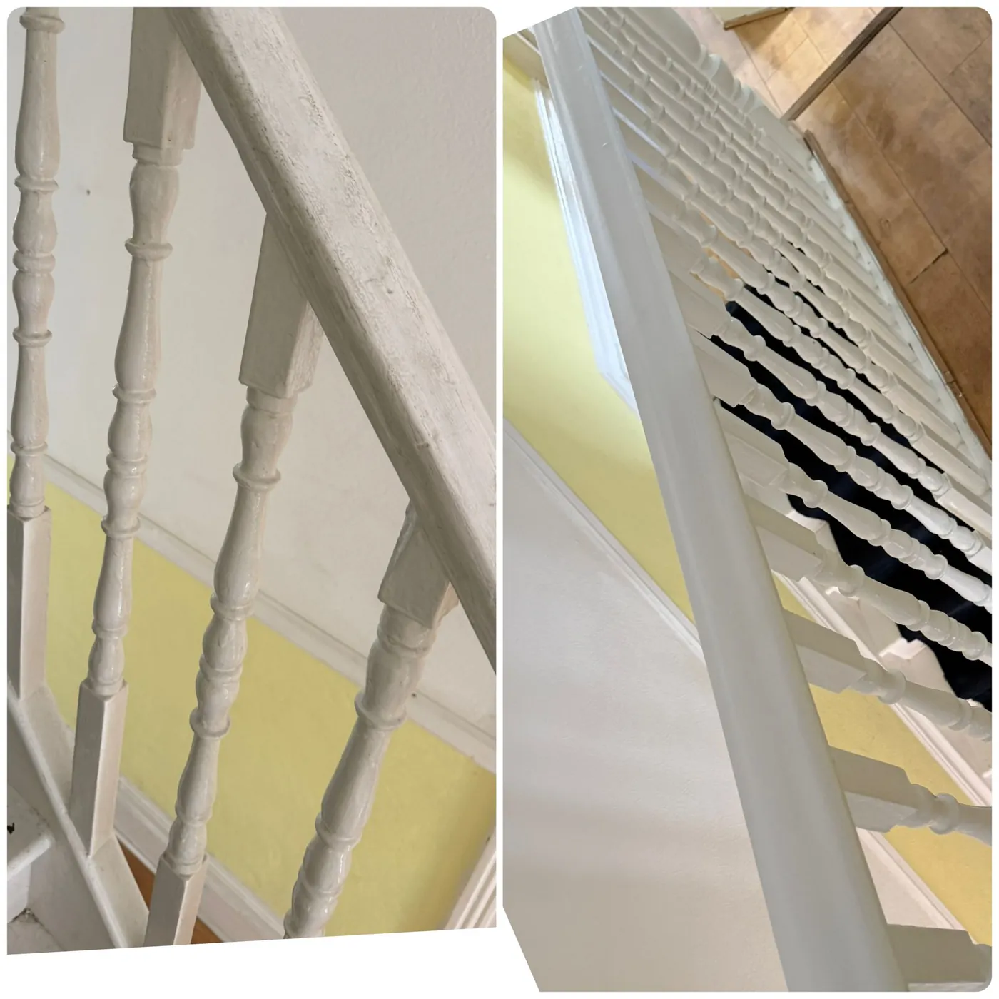 Before and after cleaning a stair bannister and spindles