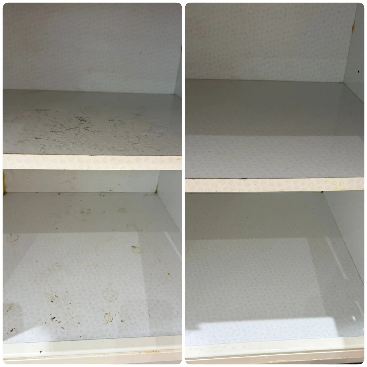 Before and after cleaning inside kitchen cupboard shelves