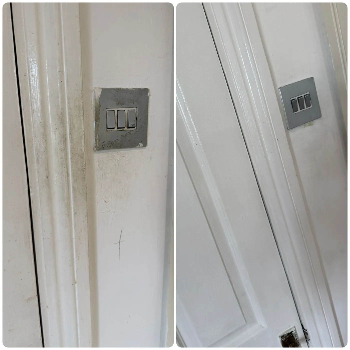 Before and after cleaning a door frame and light switch