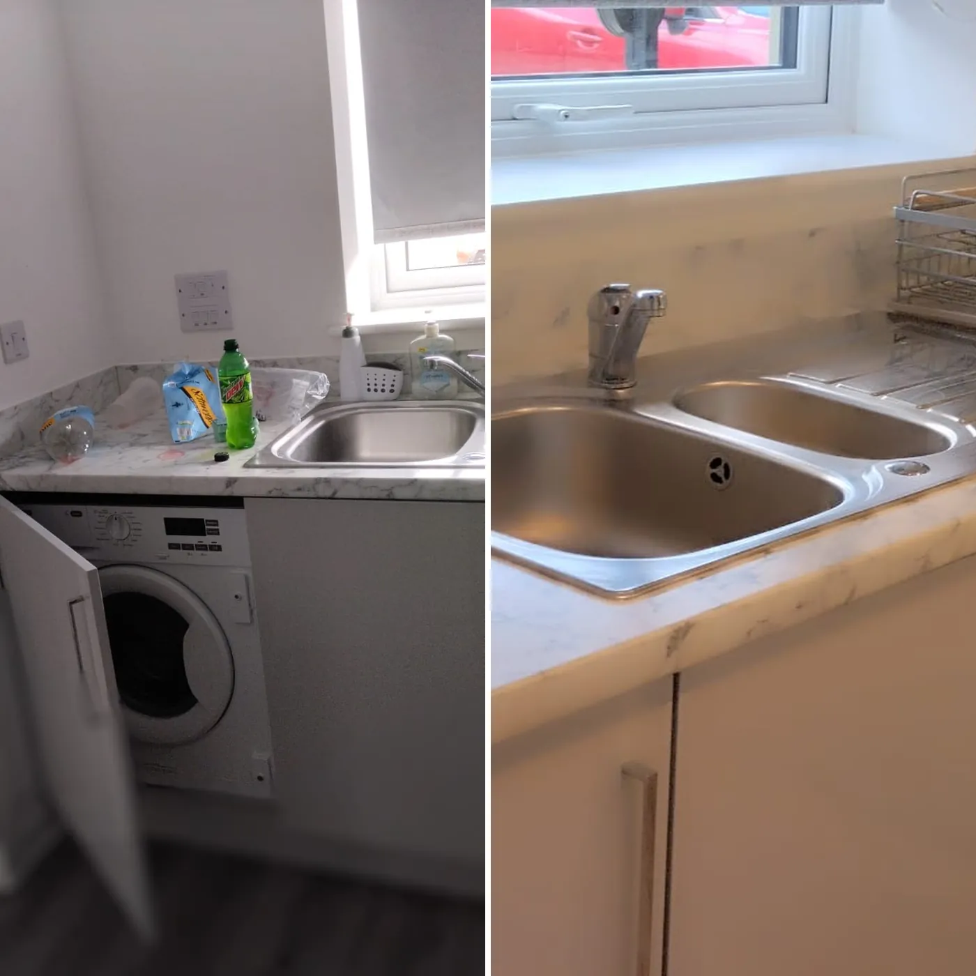 Before and after clearing and cleaning a kitchen counter and sink area