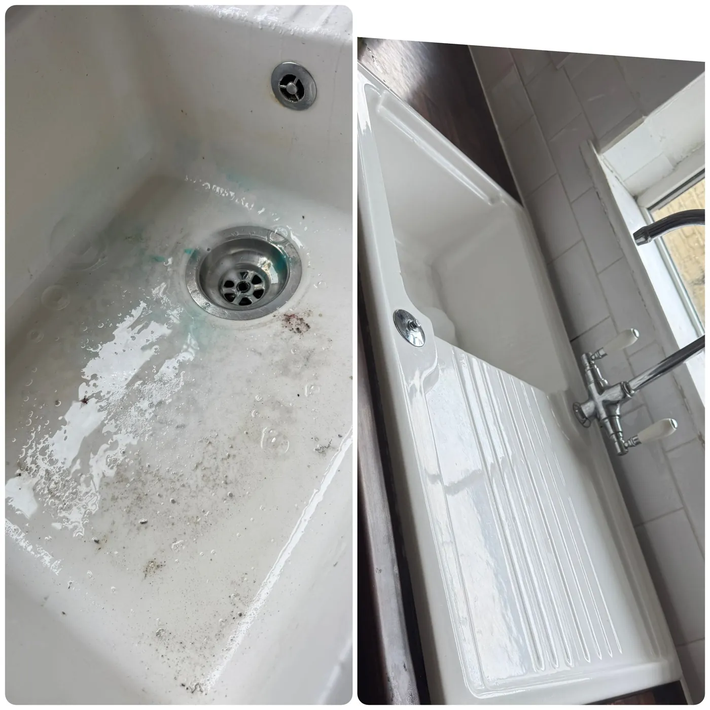 Before and after cleaning a kitchen sink and drainer