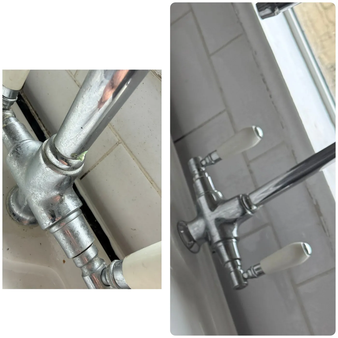Before and after cleaning kitchen taps and pipework, limescale removed