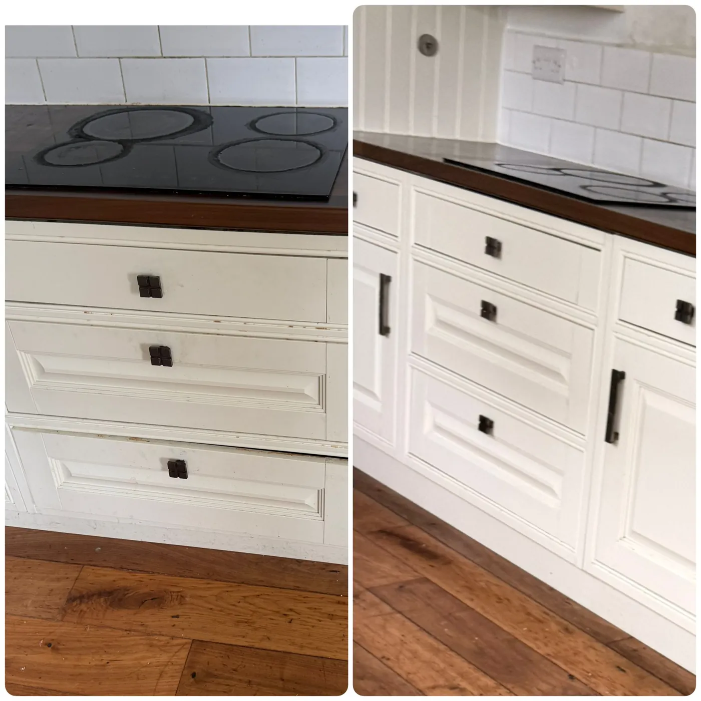 Before and after cleaning kitchen cupboard fronts and hob