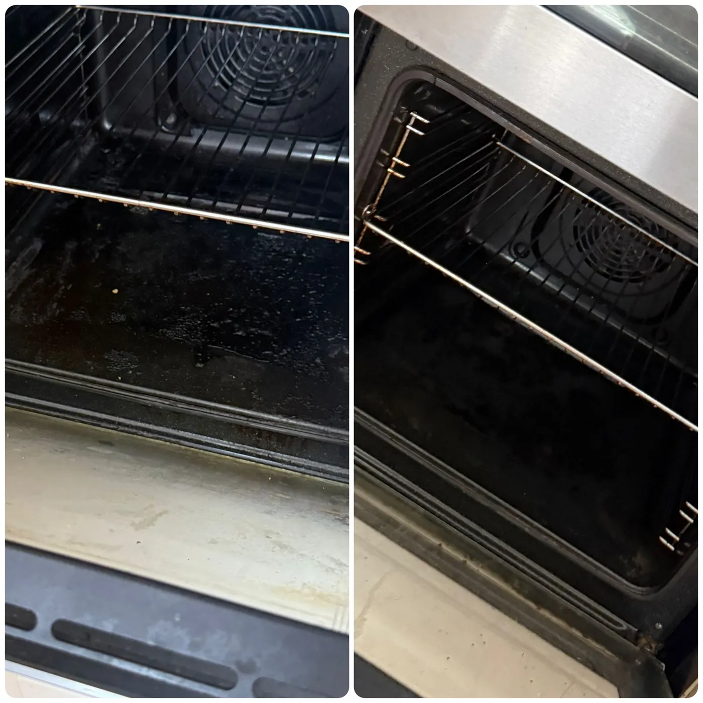 Before and after cleaning an oven interior, baked-on grease removed
