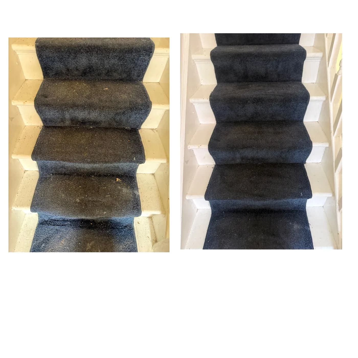 Before and after vacuuming a stair carpet and painted risers