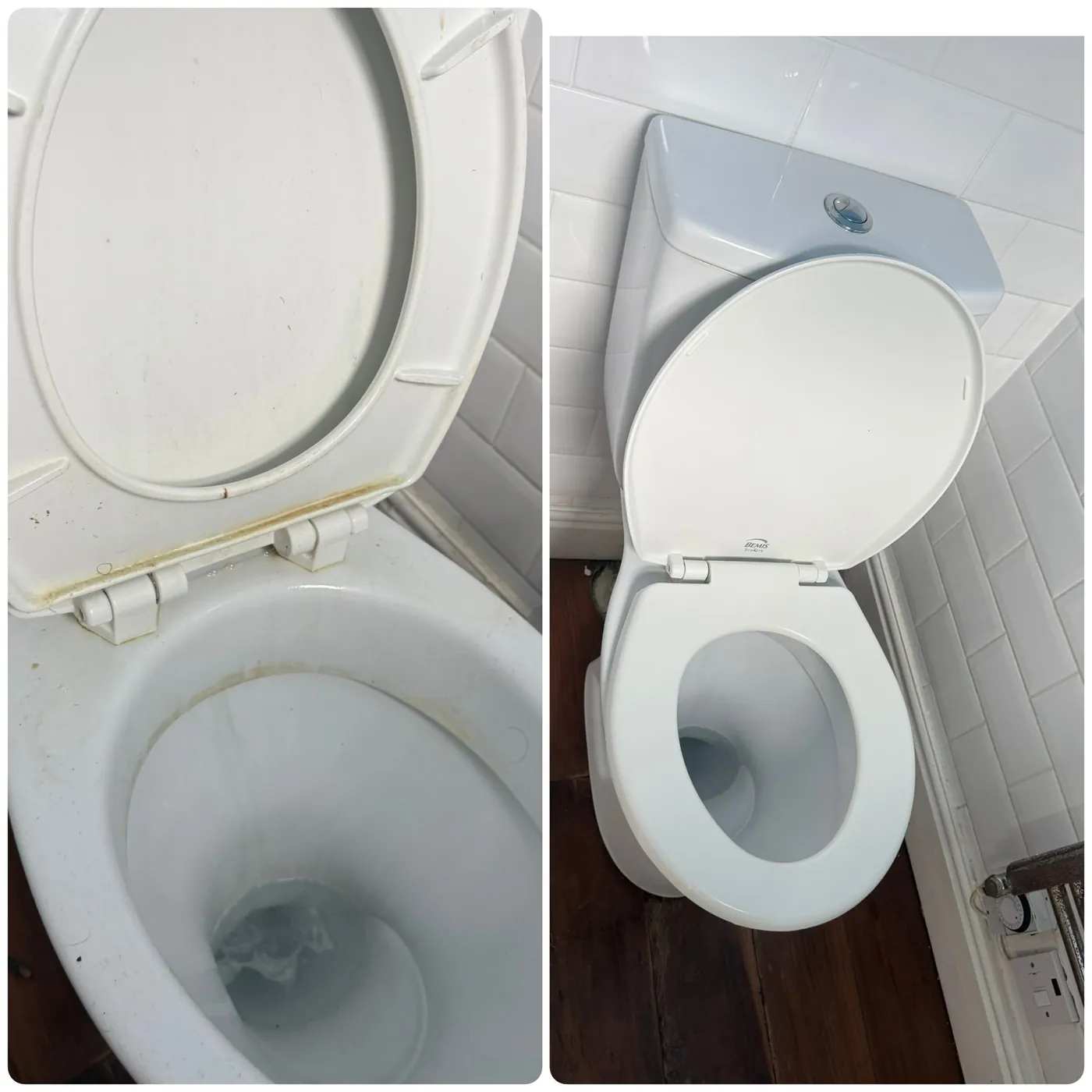 Before and after cleaning a toilet bowl and seat, limescale and staining removed