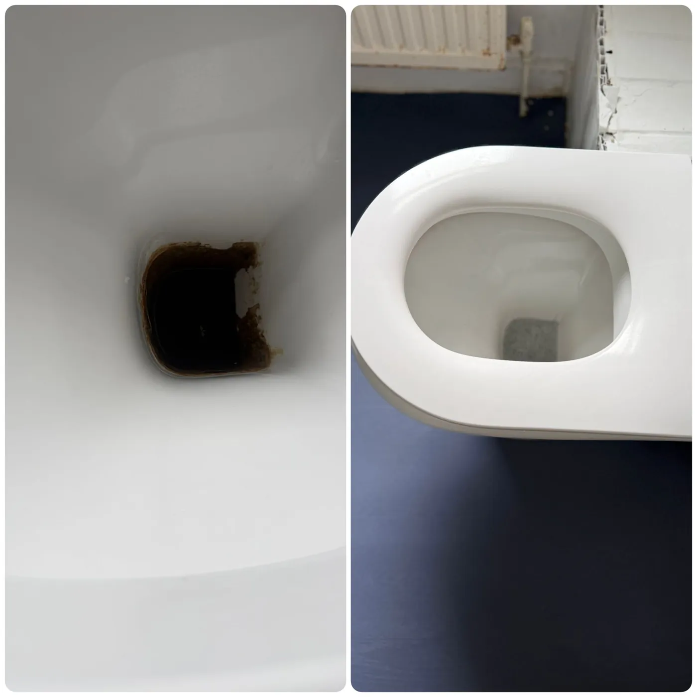 Before and after cleaning the underside of a toilet rim