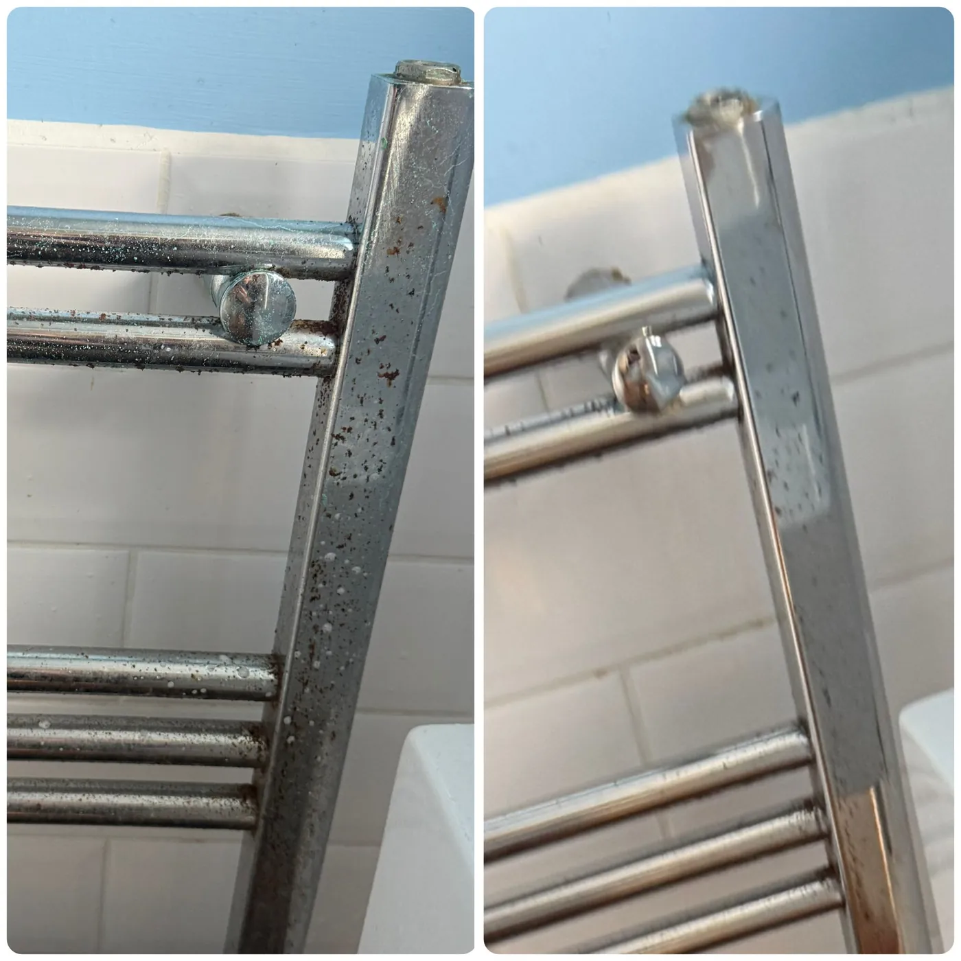 Before and after cleaning a chrome heated towel rail